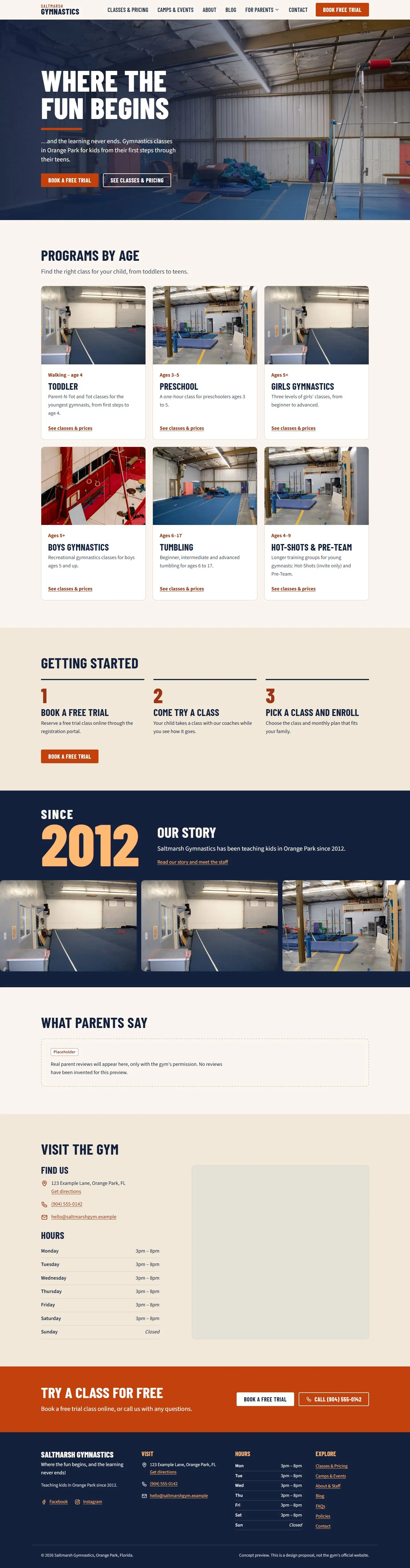 The full Saltmarsh Gymnastics concept home page, from the welcome section down to hours and contact details
