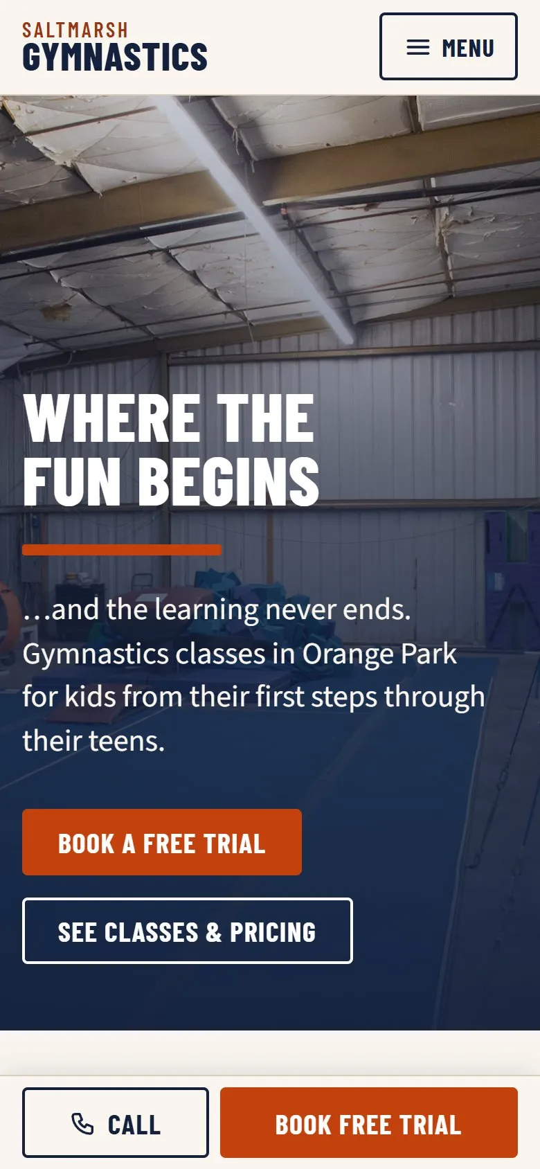 Saltmarsh Gymnastics concept website on a phone, with Call and Book Free Trial buttons at the bottom